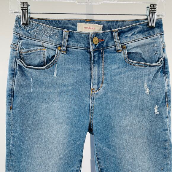 Sundance Blue Denim Straight Leg Medium Wash Embroidered Distressed Jeans W25 - Picture 4 of 11